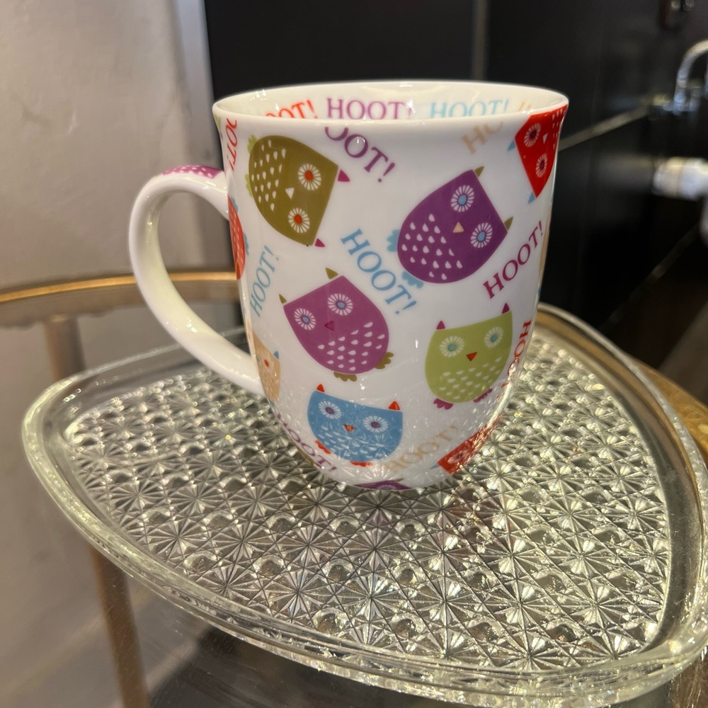 White Ceramic Owl Mug with Multicolor Owl Motif